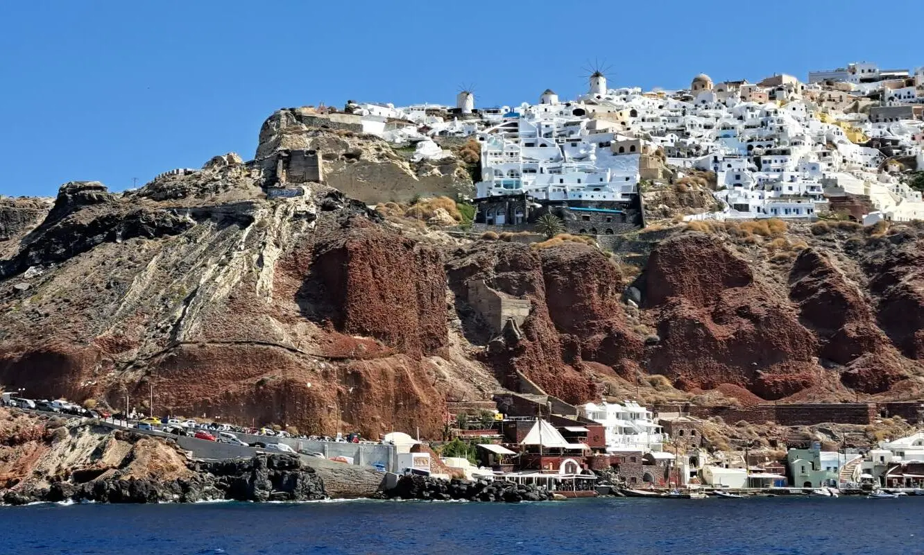 Oia, Santorini, seen from the boat, from the Caldera