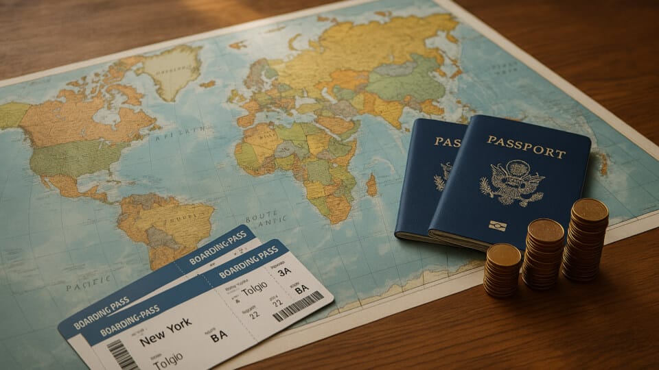 World map with passports, boarding passes, and rising coins symbolizing higher fall 2025 travel costs.