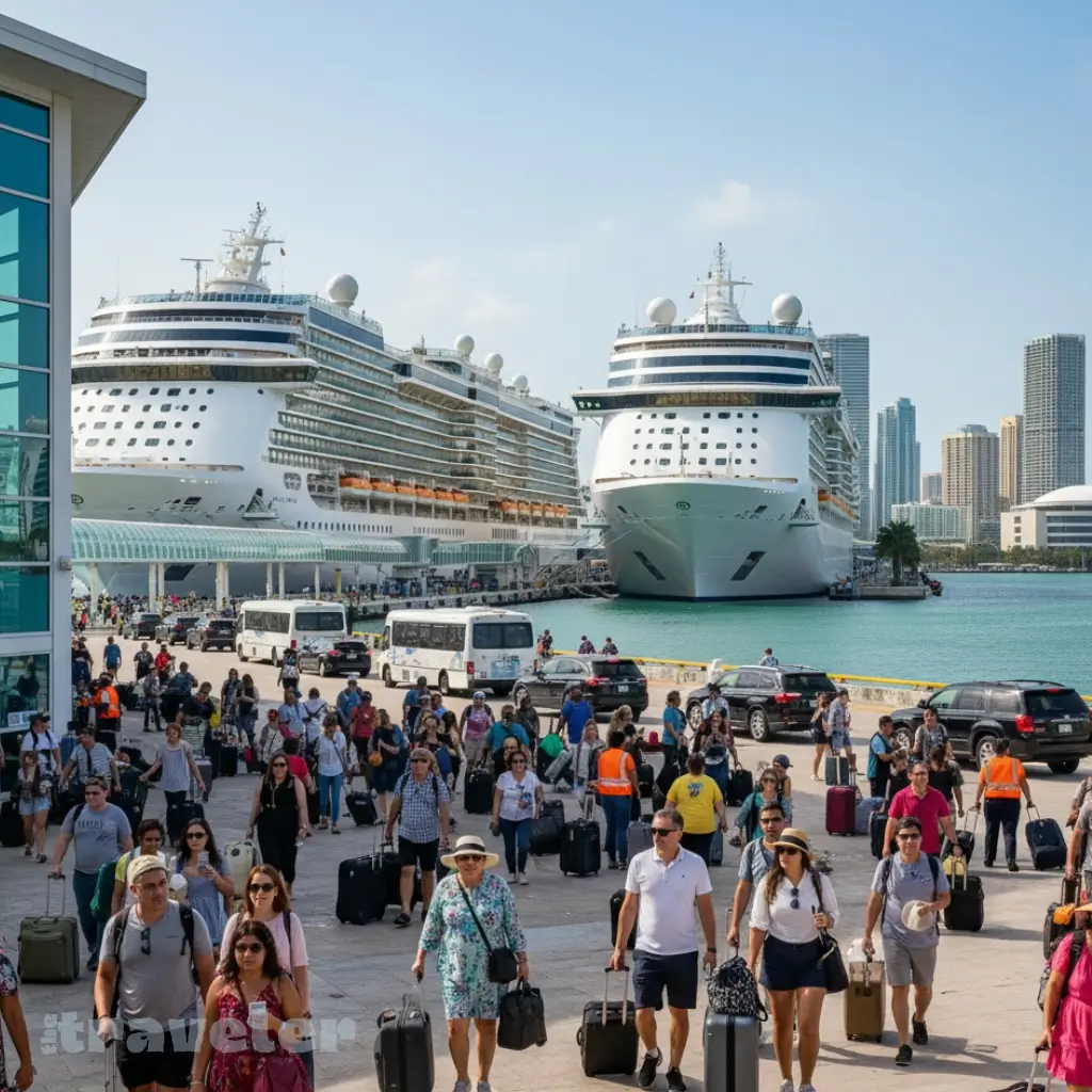 Passengers with luggage boarding cruise ships at PortMiami with Miami skyline in background