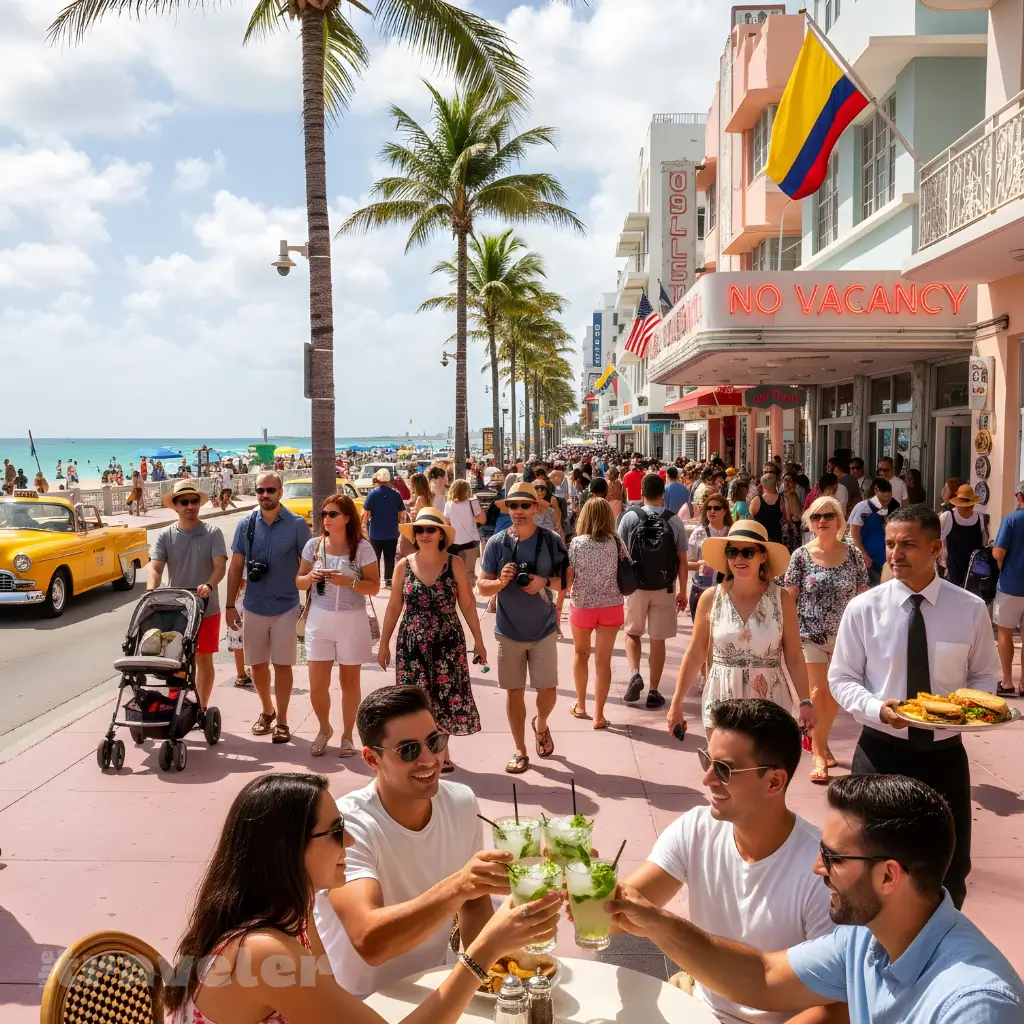 Tourists crowd Ocean Drive in Miami Beach with busy cafés, palm trees, and Art Deco hotels