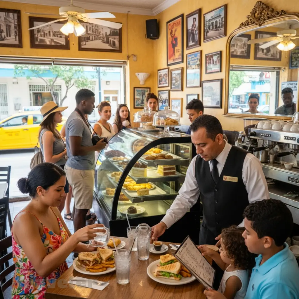 Waiter serving Cuban food to a family in a busy Little Havana restaurant