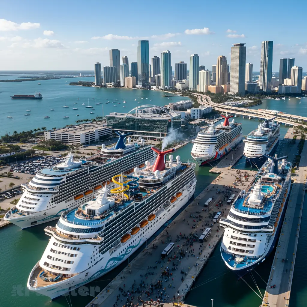 Aerial view of PortMiami with five cruise ships docked, modern terminals, and Miami skyline in background