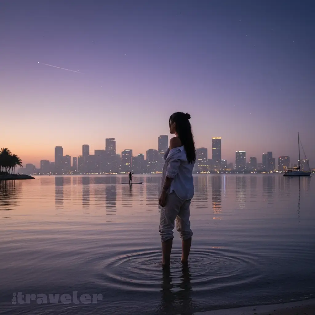 Biscayne Bay at twilight, city lights reflecting on calm water as the last color of sunset fades into night.
