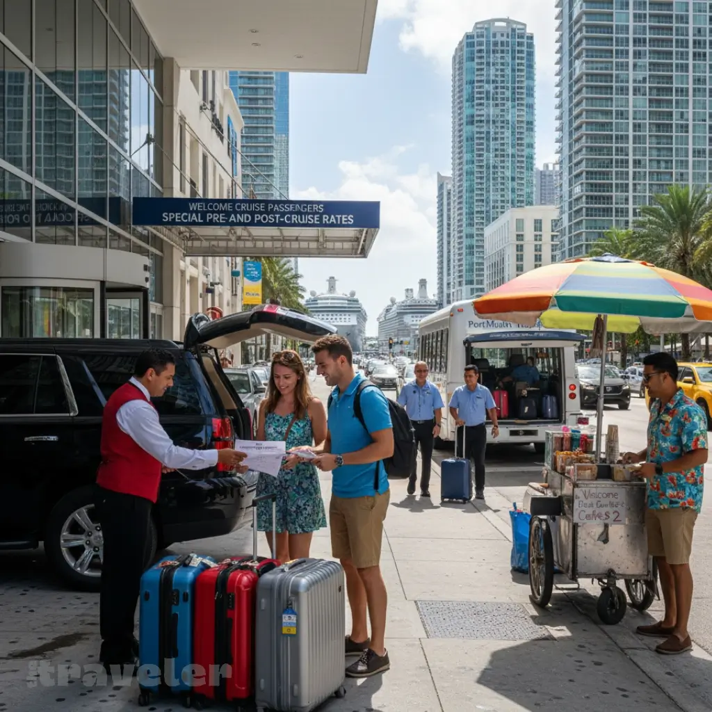 Bellman loads luggage for cruise passengers outside Miami hotel with Brickell skyline and cruise ships in background