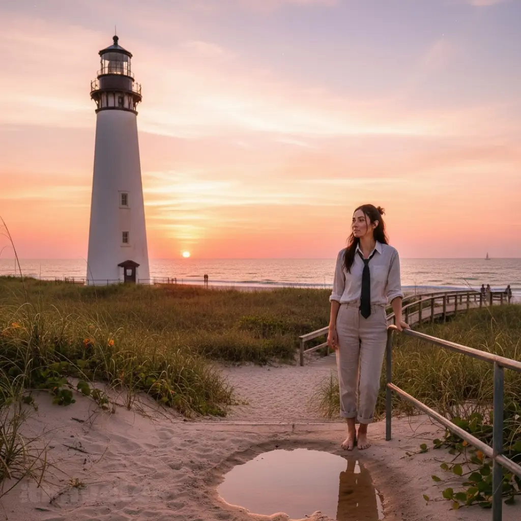 Cape Florida Lighthouse at sunset, waves glowing gold as the sky turns coral and the air fills with sea breeze.
