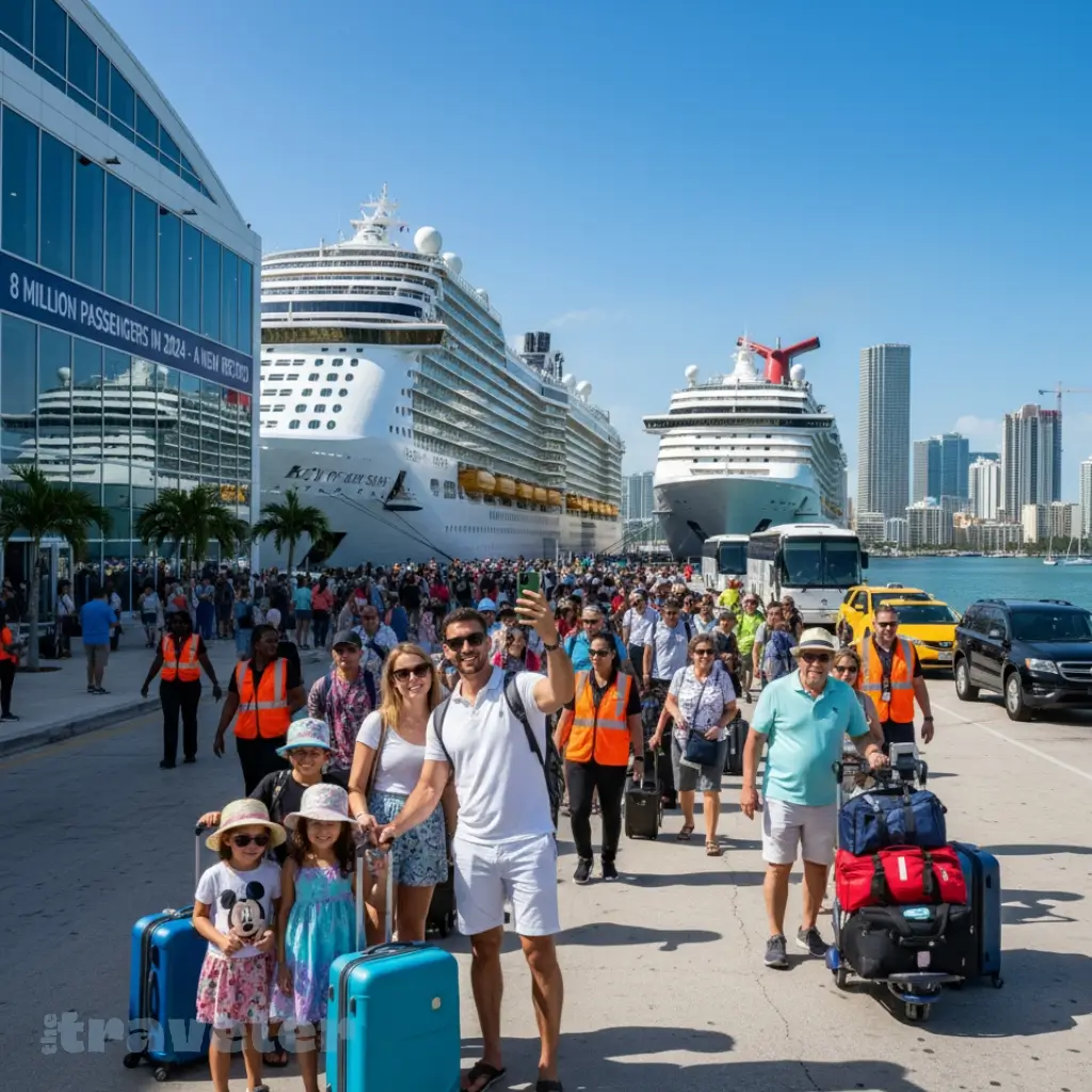 Crowds of passengers boarding cruise ships at PortMiami and Miami skyline in background