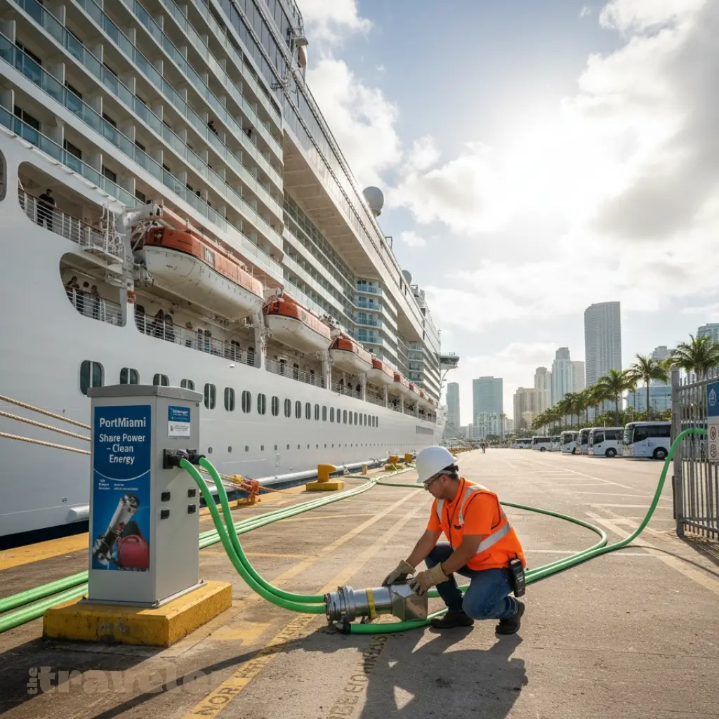 Cruise ship at PortMiami plugged into shore power cables with Miami skyline in background