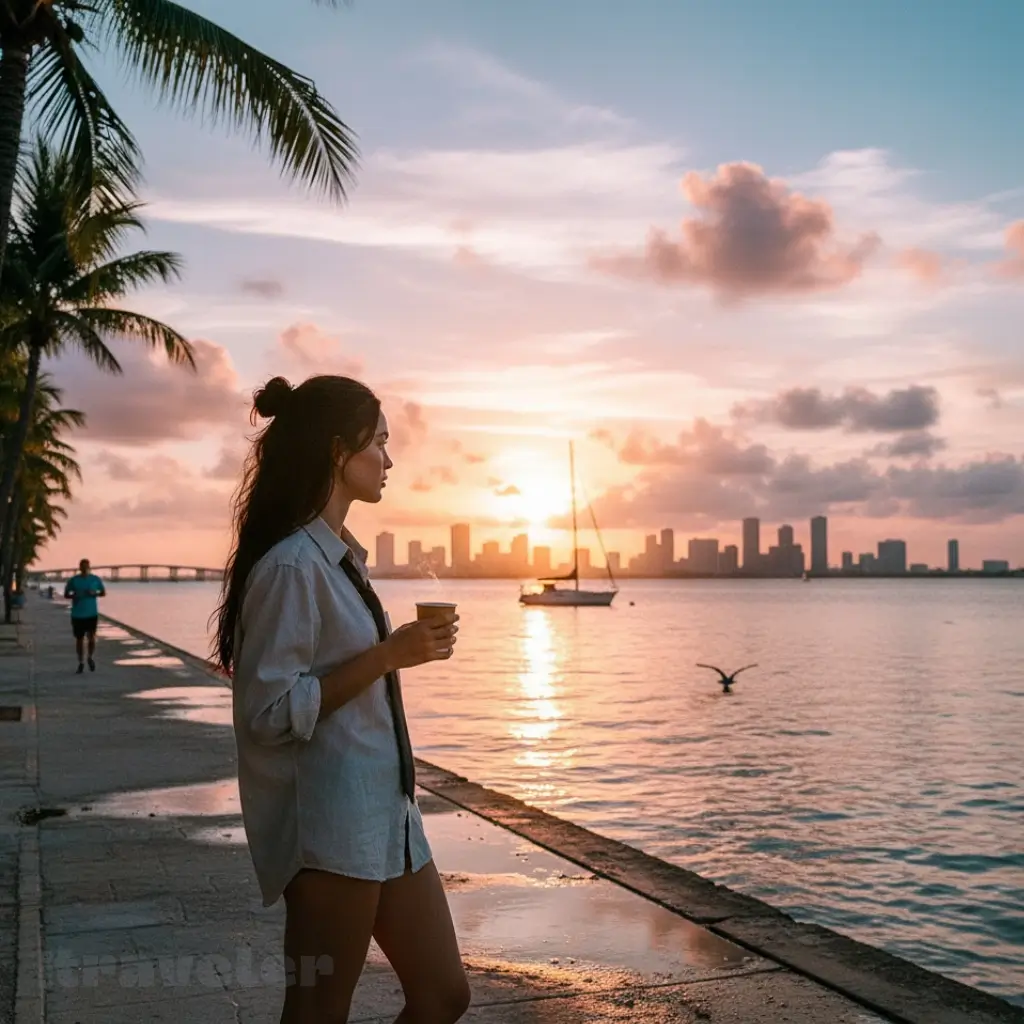 Biscayne Bay before sunset, humid air glowing gold as Miami’s skyline reflects soft light across calm water.