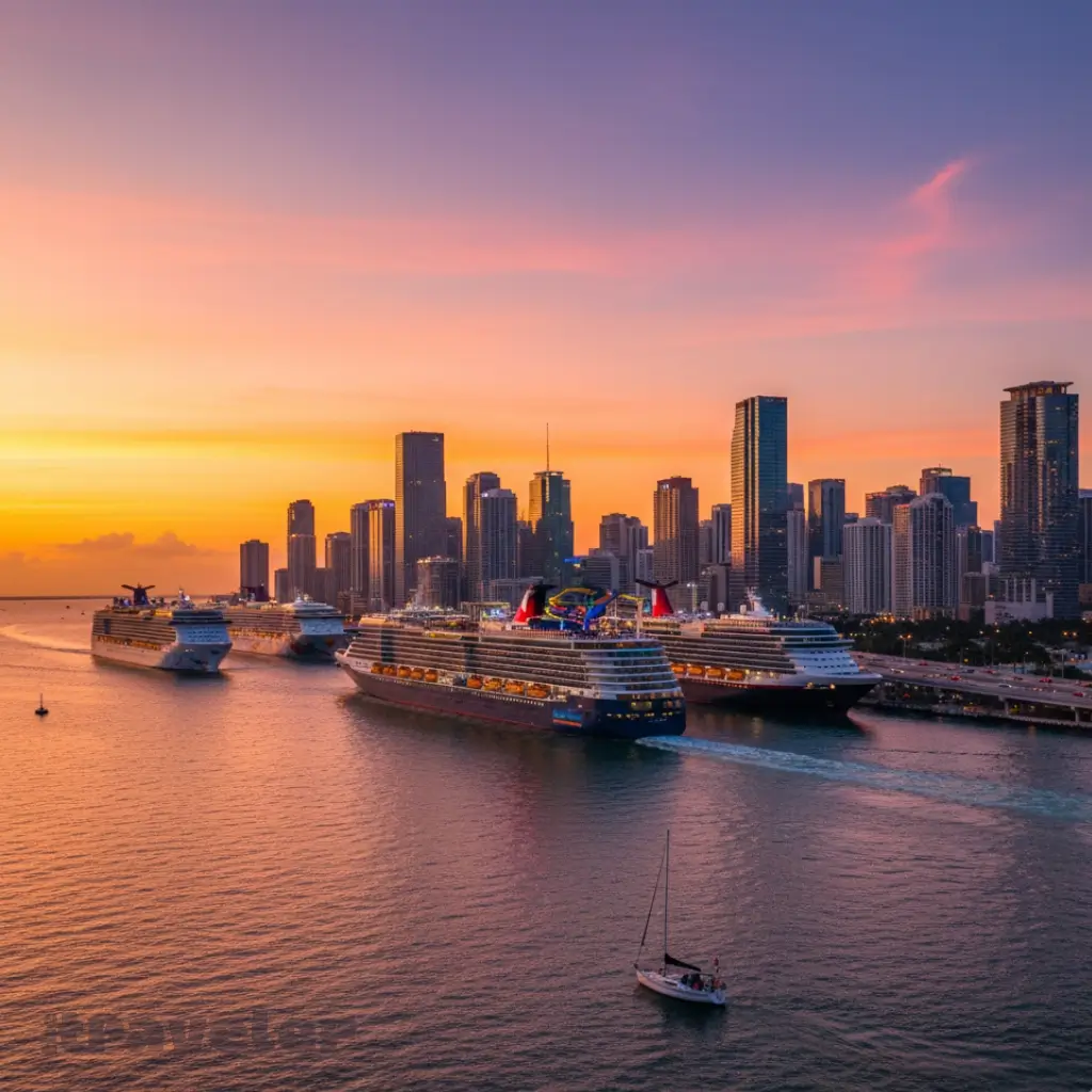 Sunset view of cruise ships departing PortMiami with downtown Miami skyline glowing in background