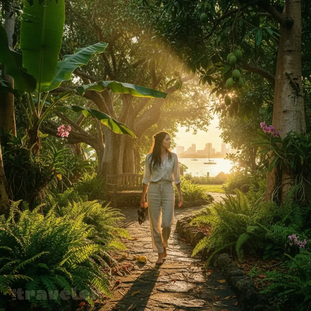 The Kampong’s garden at sunset, sunlight filtering through tropical trees toward the glowing bay beyond.