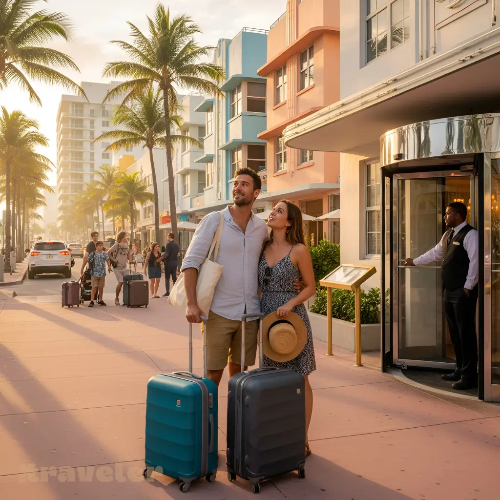 Tourists with luggage stand outside an Art Deco Miami Beach hotel as taxis and guests fill Ocean Drive during peak travel season.