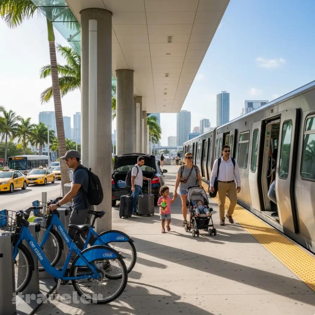 Travelers board a Miami Metrorail train while others use CitiBikes, rideshares, taxis, and buses near the downtown station
