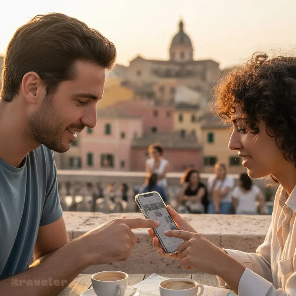 Two travelers book a city tour on GetYourGuide app at a golden-hour rooftop café with a softly blurred European skyline in the background.