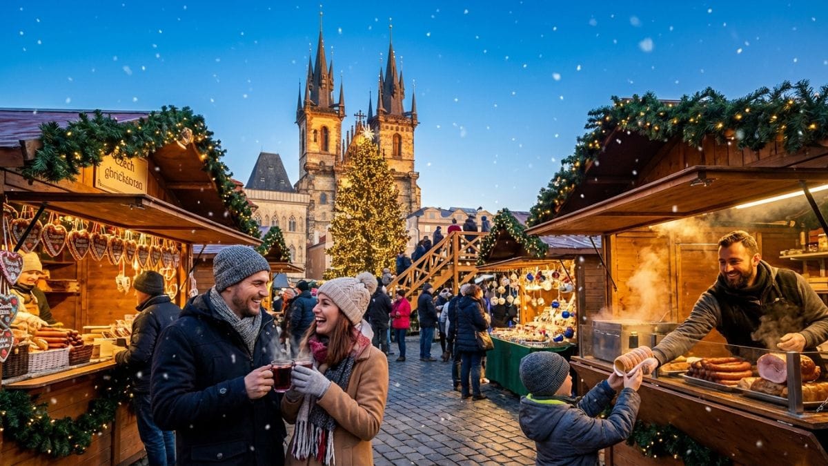 Crowds enjoy Prague’s Old Town Square Christmas Market at dusk with glowing tree, gothic spires, food stalls, and festive winter atmosphere.