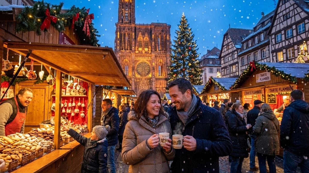 Crowds enjoy Strasbourg’s Christmas market at dusk with glowing cathedral, festive stalls, and warmly lit decorations.