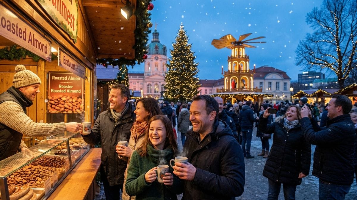 Crowds enjoying a Berlin Christmas market at dusk with glowing palace backdrop, food stalls, and festive lights.