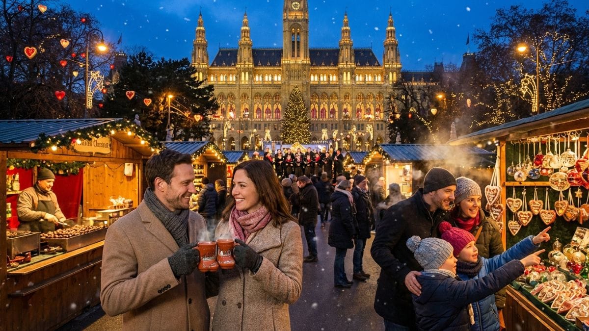 People enjoy Vienna’s Rathausplatz Christmas Market at dusk with glowing stalls, lights, and festive winter atmosphere.