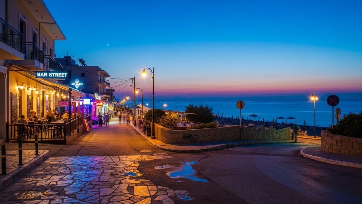 evening street scene in Faliraki, Rhodes, Greece