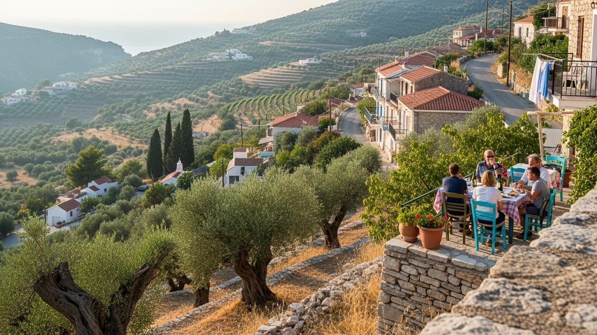 Authentic Zakynthos: a serene, sunlit view of a traditional hill village, olive groves and distant Ionian Sea. 