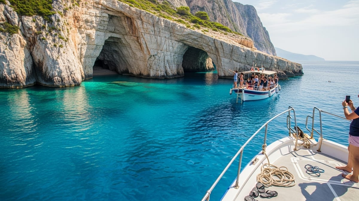 the Blue Caves and rugged shoreline in Zakynthos, Greece