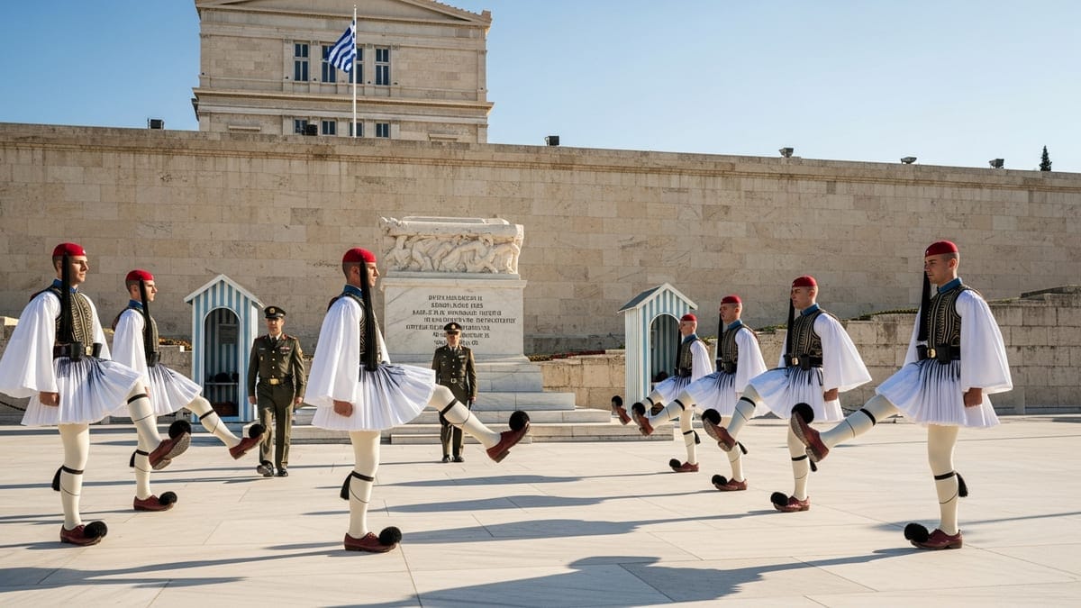 Changing of the Guard ceremony at Syntagma Square in Athens, Greece.