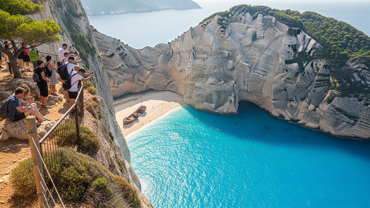 Cliff-top view of Zakynthos's Shipwreck Beach with tourists and clear Mediterranean light.