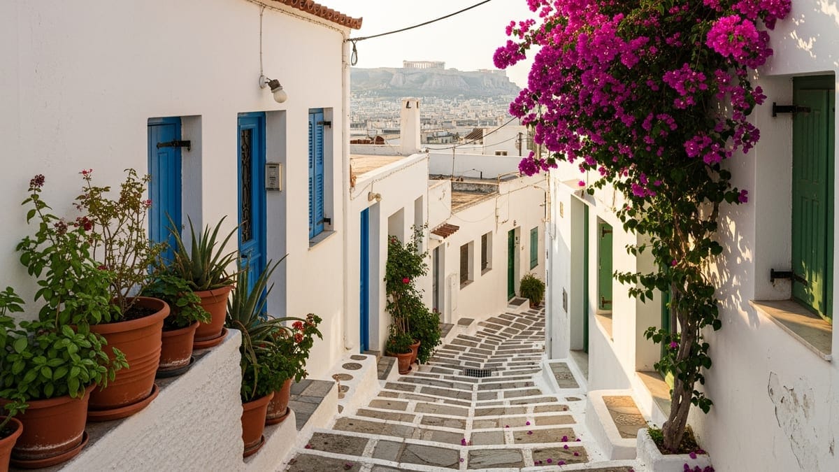 Early morning in a quiet, picturesque lane in Anafiotika, Athens. 