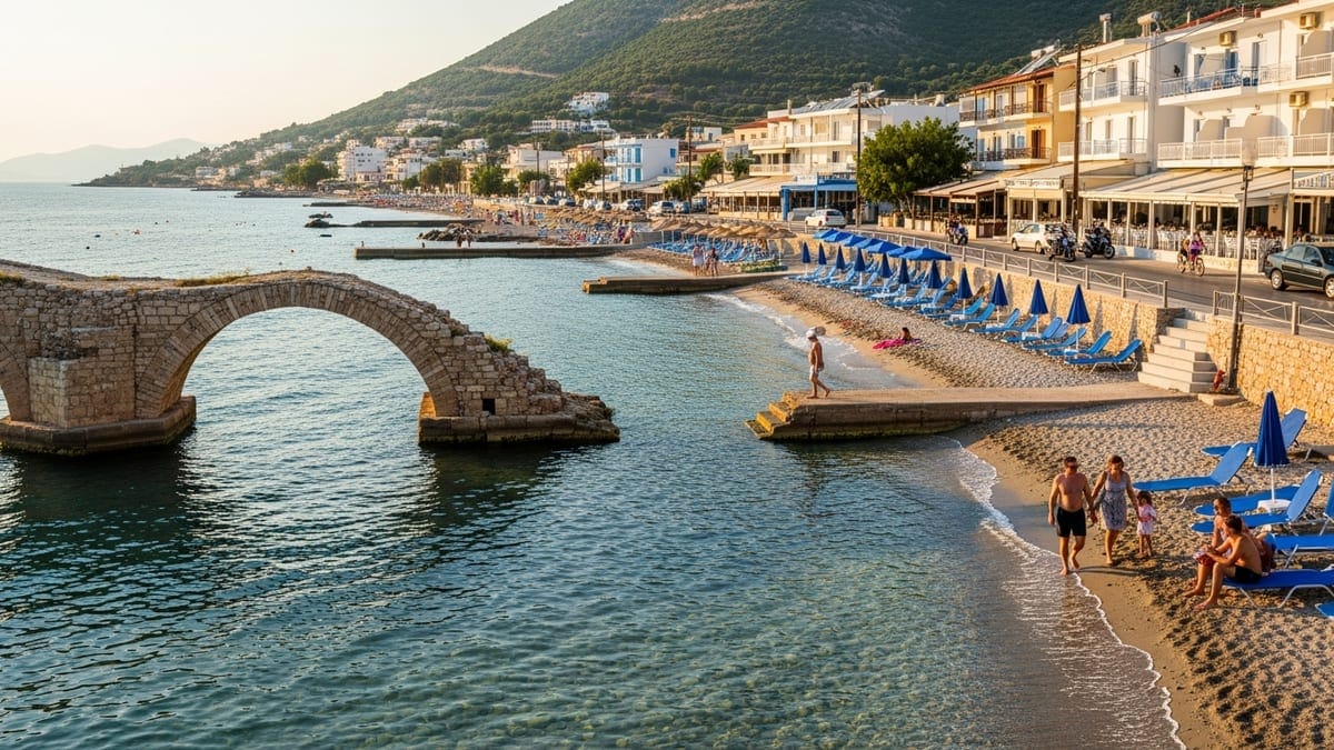Golden hour view of Argassi's shoreline and old stone bridge, Zakynthos.