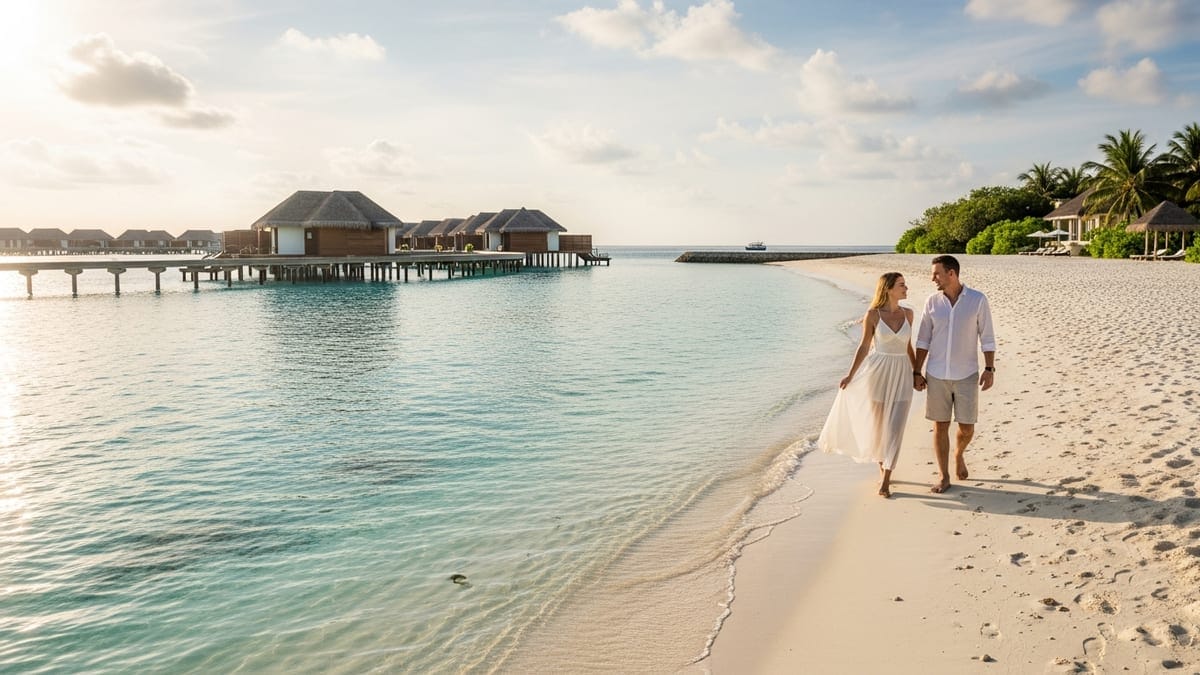 Honeymoon couple walking on a Maldivian beach at sunset