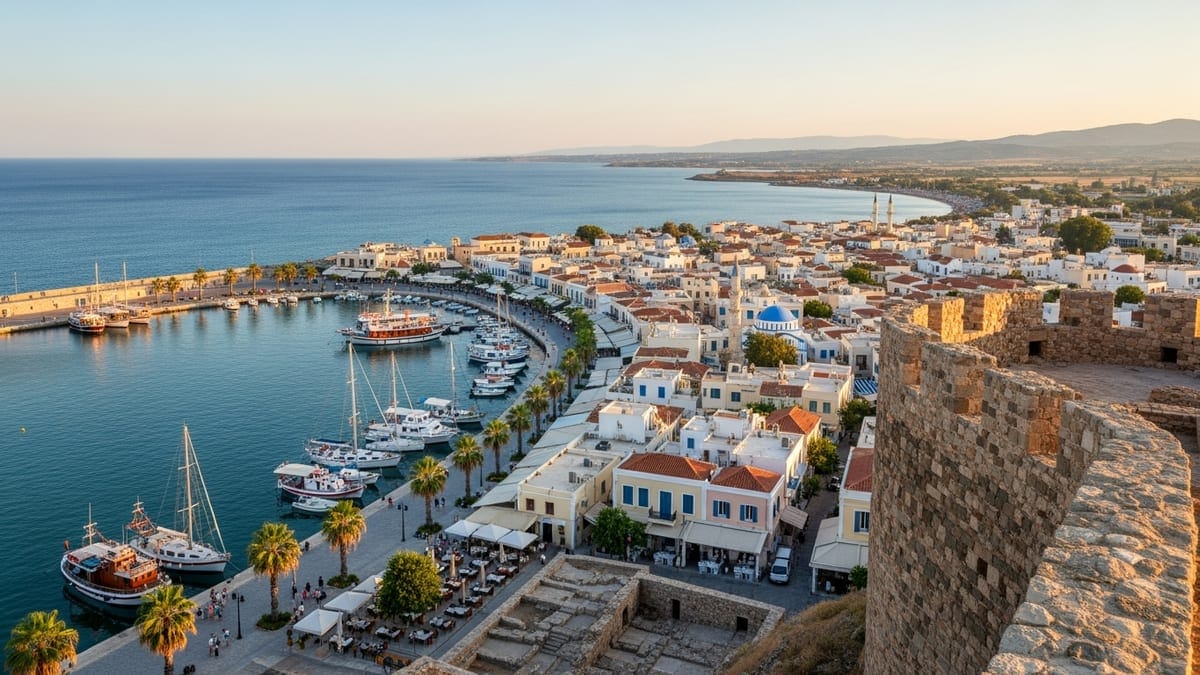 Golden-hour view of Kos Town's historic center, harbor, and Lambi Beach, with Neratzia Castle ruins in the foreground