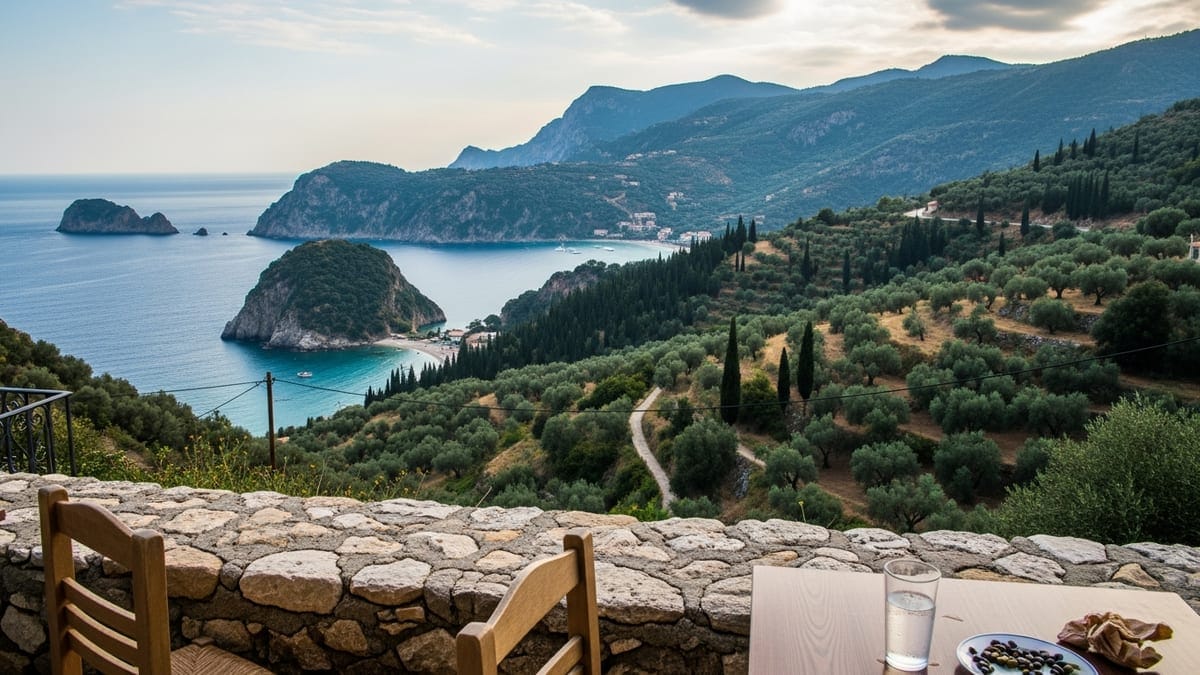 View from Lakones village terrace overlooking Paleokastritsa