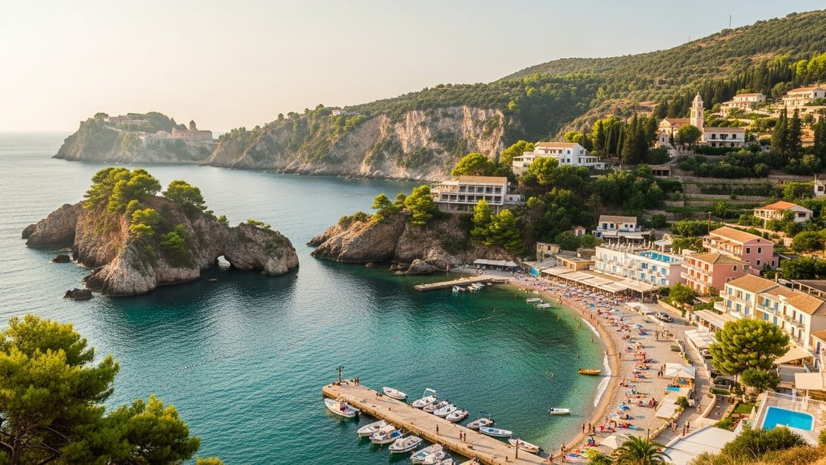 Late afternoon view of Paleokastritsa's jade-green bays