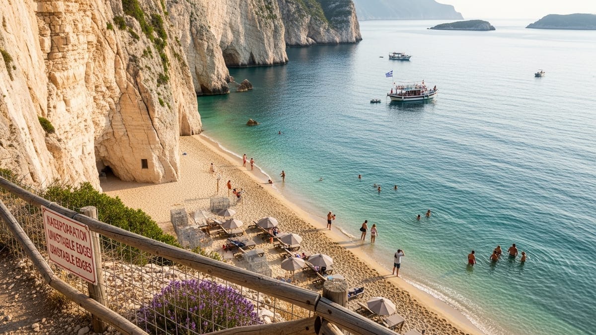 View of Zakynthos' cliffs and bay with swimmers, boats, and wooden fence. 