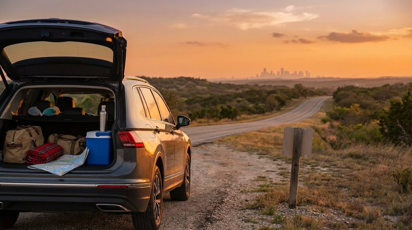Scenic Texas road trip view with family car parked at overlook near Houston
